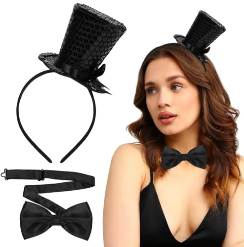 Meleager Haarreif mit Zylinder, Mini Zylinder Haarreif und Fliege, Haarreif mit Pailletten Hut, Haarreif Zylinder Damen, für Abschlussball, Party, Karneval, Halloween