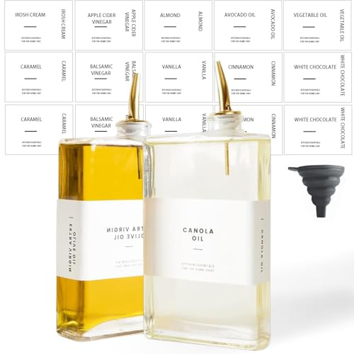 GARNELRHUN Essig und Ölflaschen Set,2er pack Olivenöl Spender Set,500ml/16,9 oz,ölflasche mit ausgießerOlivenöl Flasche, 36 Aufkleber, Trichter Ölflaschen zum befüllen Gold