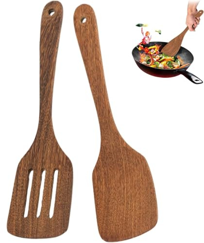 2 Pack Solid Wooden Turner Spatulas, Heat Resistant Slotted Wood Spatula, Non-Scratch Kitchen Utensils for Cooking, Baking & All Non-Stick Cookware, Brown