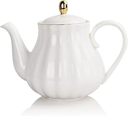 Théière en céramique en forme de citrouille peinte à la main en porcelaine anglaise dorée avec filtre, pour thé, café, lait, cadeau, 1 L (blanc)