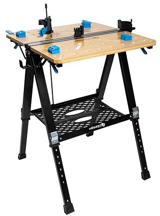 HÖGERT TECHNIK Tavolo da officina pieghevole, 700 x 650 x 915 mm, con piastra in bambù, regolazione in altezza a 5 livelli, capacità di carico 450 kg, fori, raccordi e morsetti di serraggio