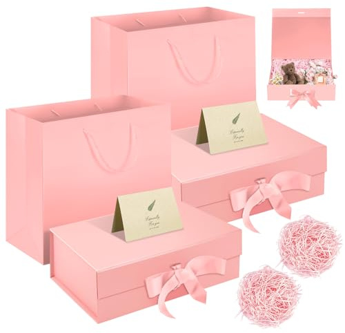 2 Pack Geschenkbox mit Geschenkbeutel Rosa 32,5x23x10,5cm Geschenkbox Groß Magnetische Schleife Raffia Grußkarte Geschenkverpackung für Hochzeit Geburtstag Muttertag