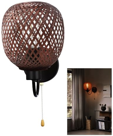 Chao Zan Lampada da Parete Bohémien, Paralume in Rattan Intrecciato, Design Vintage con Interruttore a Corda, Illuminazione per Soggiorno e Camera da Letto (senza lampadina) (Stile:B)
