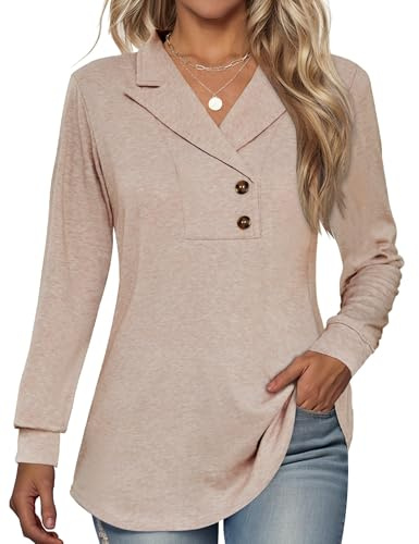 Tisfeer Dam Tröja Långärmad Toppar Knäppchen Lapell V-ringning Tunikaskjortor Affärskläder Dressy Casual Svängande Enfärgad Pullover 2026, Aprikos, S