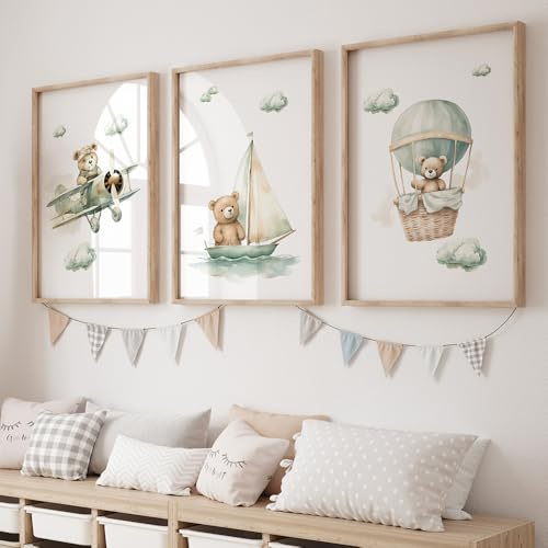 3 Bilder Kinderzimmer Bär 30X40CM Bilderwand Kinder Grün Poster Teddybär Leinwand Tiere Kinderzimmer Bilder Babyzimmer Junge Teddy Poster Bär Leinwand Babyzimmer Junge ohne Rahmen