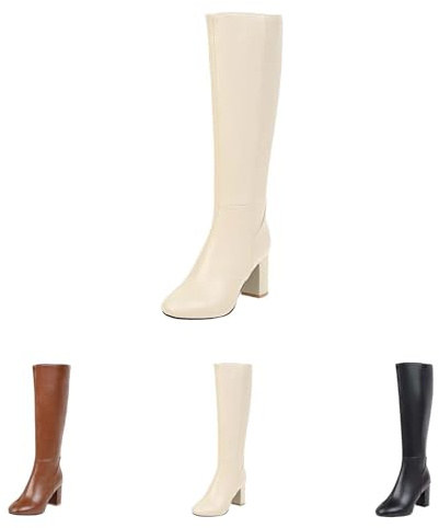 Generisch Botas de invierno para mujer, caña ancha, botas largas, botas altas impermeables hasta la rodilla, tacones altos, informales, botas anchas, antideslizantes, con tacón hasta la rodilla, beige