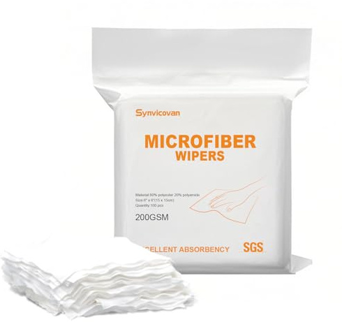Synvicovan Microfiber Wipes 6x6(100 Pcs,Class 100, 200GSM) Superfine Lint Free Cloths Cleaning and Drying Cloths Reusable Ultra Absorbent for All Surface Types