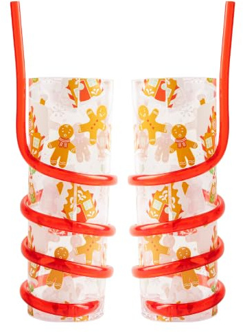 FabFinds Kids Drinks Cup with Curly Straw Reusable Drinks Cup 2 Pack (Gingerbread)
