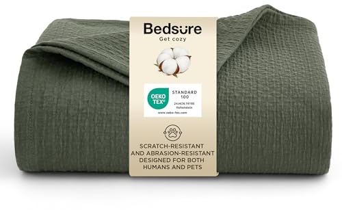 Bedsure 100% Cotton Throw Blanket - Pet Sofa Bed, 150x200cm, Olive Green