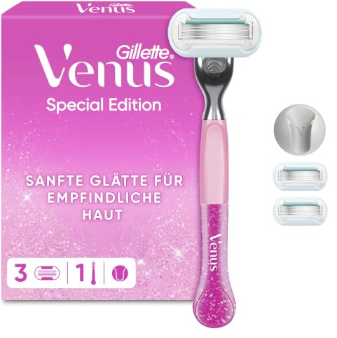 Gillette Venus Party Edition Rasierer Damen, Rosa | Nassrasierer für Sensible Haut mit Einem Hauch Aloe Vera für Eine Reizfreie Rasur, Inkl. 3 Rasierklingen Und Duschhalterung