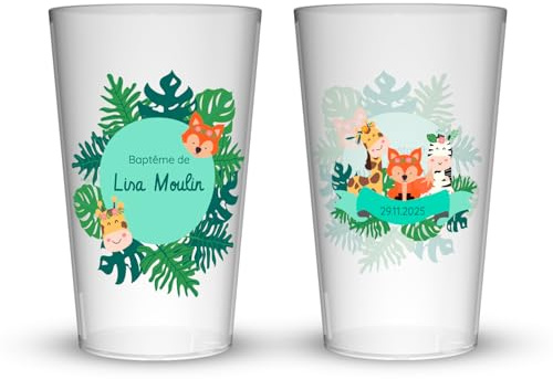 Wobz - Gobelet Personnalisé Baptême Tropical - Impression Quadrichromie digitale - Translucide - Fabriqué En France - Prénom Et Date Personnalisables - 25 cl - Pack de 10, 25, 50, 100, 250 et 500