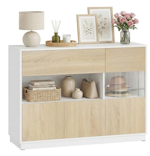 WOLTU Credenza Cucina con Cassetto e Scomparti Aperto e Chiusi, Mobile Buffet con 1 Anta Trasparente, per Soggiorno, Cucina, in Legno, 100x40x80 cm, Rovere Chiaro+Bianco