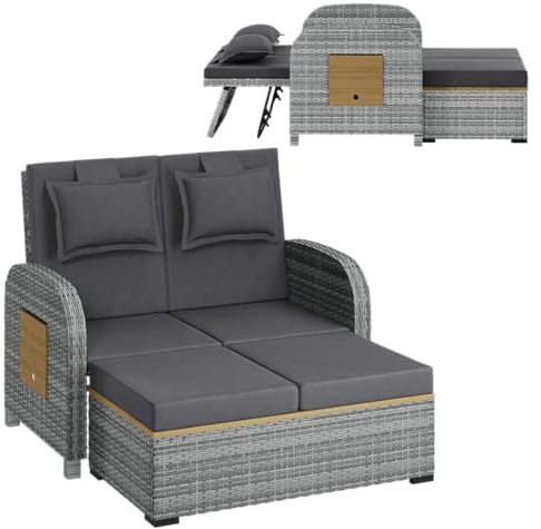 STEELSØN Caelum Sonnenliege 2 Personen, Grau, Rattan, Kissen, wetterfest | Loungebett, Doppelliege, Rückenlehne verstellbar, Seitentische ausklappbar, Gartenliege, Sonnenbett, Liegefunktion, Outdoor