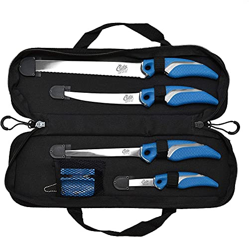 CUDA 6 Piece Knife & Sharpener Set 4 Knives with Corrosion-Resistant Stainless Steel Blade & Non-Slip Grips, 2-in-1 Knife Sharpener & Ballistic Nylon Carry/Storage Case Included