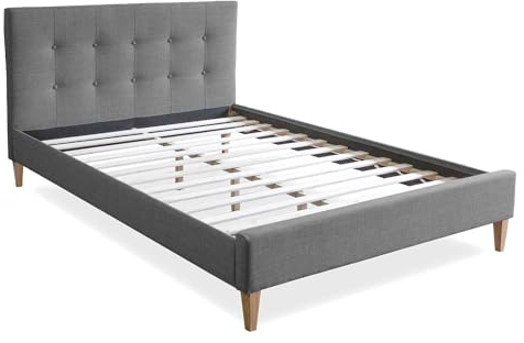 Homestyle4u Polsterbett 180x200 Grau - Doppelbett mit Lattenrost | Strukturstoff-Bezug mit Steppung & Knöpfen, Holzfüße natur, Kopfteilhöhe 96 cm, Traglast 200 kg