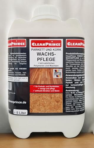 CleanPrince 5 liter parkett- och korkekvax, rengöringsmedel, parkettvax, korkvitto, skötselvax, rengöring, vårdprodukter, vattenlösliga vaxer, polymerer, korkgolv, trappor, vax, fräscha, flytande