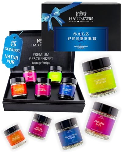 Hallingers Genuss Manufaktur Gewürz Geschenk-Set - 5 Gewürze aus aller Welt in wertiger Geschenkbox mit Rezept-Booklet Salz & Pfeffer, Geschenkidee für Frauen Männer