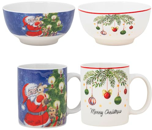 NAMAI - Set di 2 Tazze Natalizie e 2 Ciotole Natalizie, 310 ML, Eleganza Natalizia, Porcellana Resistente, Adatte In Lavastoviglie e Microonde, Tazze Colazione, Idea Regalo (Babbo + Vischio)