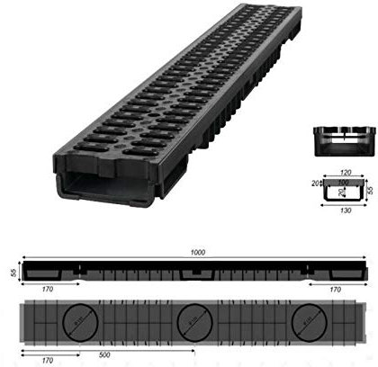 JeCo - Entwässerungsrinne Regenrinne Bodenrinne - Länge: 1 m/Höhe: 55 mm - Kunststoff 1,5 T (A15)