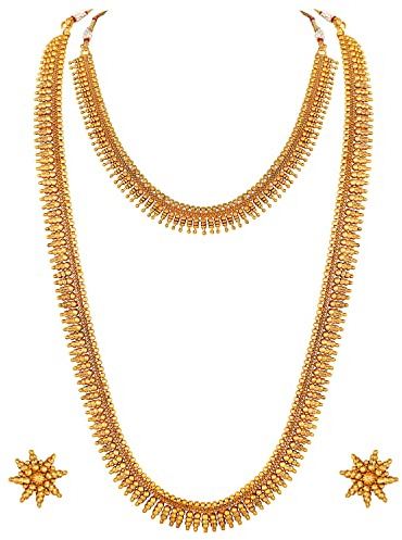 Aheli Bollywood Traditional Gold Tone Long and Short Necklace Earrings Jewelry Set Combo Gift for Women Wedding Party Ethnic Fashion Wear