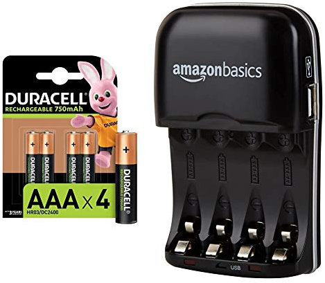 Duracell Rechargeable AAA 750 mAh Batteries, Pack of 4 & Amazon Basics Ni-MH AA & AAA Battery Charger With USB Port