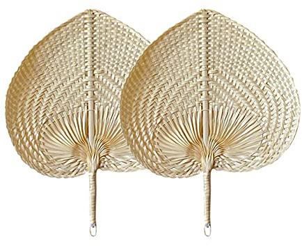 QOTSTEOS natürliche Bambusfächer, tragbarer Sommerfächer, handgefertigtes Rattan-Dekor, Bambus Handfächer, Bast, gewebt, Fächer für Sommer, Strand, drinnen und draußen, 2 Stück