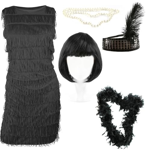 Schwarzes Flapper-Kleid – XX-Large – Damen-Flapper-Kostüm mit passendem Pailletten-Stirnband, Perlenkette, Bob-Perücke und Federboa – 1920er-Jahre-Partykleid