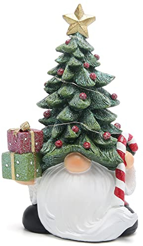 Hodao Christmas Gnome Figurine with Tree Hat & Gifts, Hand-Painted Resin Ornaments, Indoor Home Decor for Mantel, Shelf & Table, Glitter Accents Holiday Decorations, Gift-Ready Box