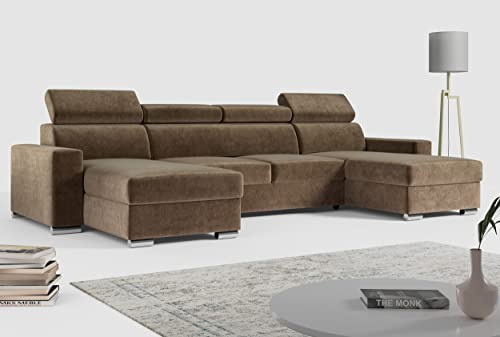 MKS MEBLE Wohnlandschaft U Form mit Schlaffunktion - Sofa XXL, Couch mit Bettkasten - Fox U Hellbraun Monolith
