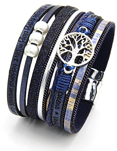 LSxAB Tree of Life Blue Leather Wrap Bracelet for Women Handmade Colorful Multi-Layer Wrapped Wristband Bracelets