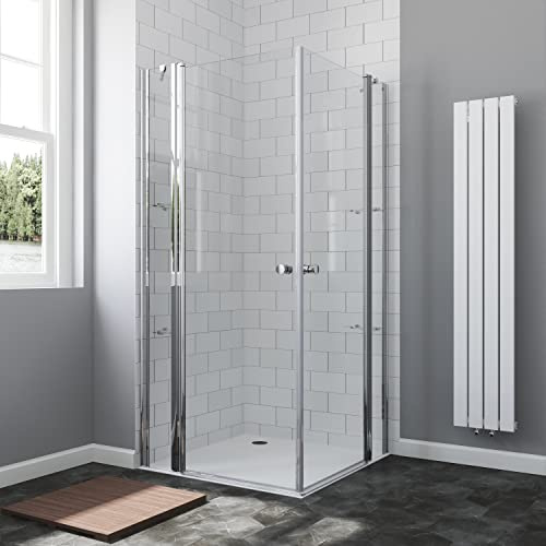 Duschkabine 90 x 90 x 195 cm Eckeinstieg Schwingtüren an Festteilen Eckdusche mit Duschtür Doppeltür Pendeltür Drehtür rahmenlose Bodengleiche Dusche Eckduschwand Glas mit Eckablage Eckregale