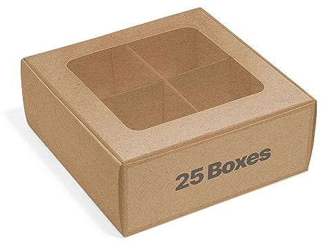Modsy Baking - 25 pcs Kraft Mini Cookie Boxes for 4 treats with Window and Dividers, Kraft Bakery Boxes, 6 x 6 x 2.4 Inches SMALL Baking Boxes, Square Cookies Box Decorating Supplies for Gift Giving