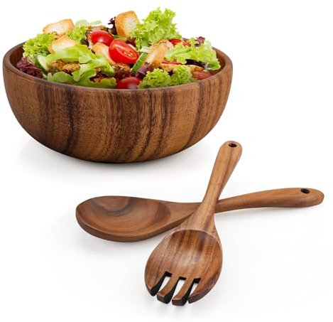 YKUKIZEE 1 Set 20 cm Acacia Wooden Salad Bowl and Servers Set, 7.87 inch Round Wood Salad Mixing Bowl, 700 ml Wooden Fruits Serving Bowl for Vegetables Cereal Yogurt Dessert Snack(Fork, Spoon)
