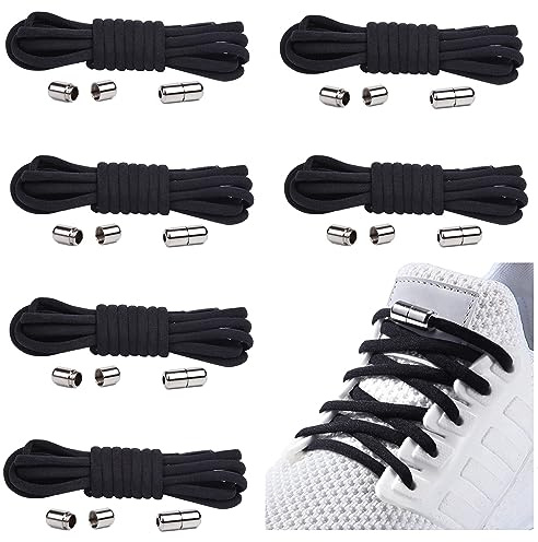 6 par elastiska skosnorer med metallkapsel, justerbara skosnorer utan band, gummiskosnorer för sneakers och sportskor (6 svart), Rund, Rund