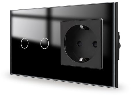 JIMEIDA Touch Lichtschalter mit Steckdose Schwarz Unterputz 2 Fach 1 Weg,Glas Panel und Status-LED Wandschalter,Kein Neutralleiter Erforderlich,157 * 86mm