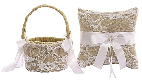 ifundom 1Juego Cojín de Anillo de Boda de Lino con Cesta de Flores y Lazo de Encaje para Ceremonias de Boda para Engagement y Decoración de Anillos