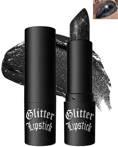 Glitzer-Lippenstift Schwarz, Diamond Metallic Funkelnder Matt Lippenstift, Wasserdichter Langanhaltender Glitter Lipgloss, Not-Stick Cup Shimmer Lipstick Lip Tint Gloss, Makeup für Halloween-06 Black