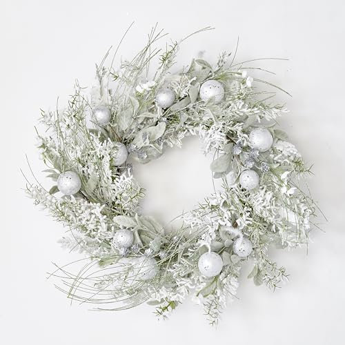 Künstlicher Weihnachtskranz mit glitzernden Kugeln und Blättern, 61 cm, Weiß
