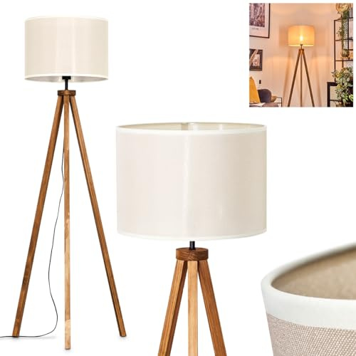 Bassagoda golvlampa, golvlampa av trä/väv i naturfärger/beige, armatur i skandinavisk design med rund skärm (Ø 40 cm) och fotbrytare, höjd 154 cm, 1 x E27, utan glödlampa
