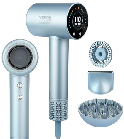 VEVOR Sèche-cheveux haute vitesse avec moteur sans balais 105000 tr/min, 200 millions d'ions négatifs, 4 températures et 3 vitesses, thermo-contrôle avec écran LCD diffuseur et buse pour maison voyage