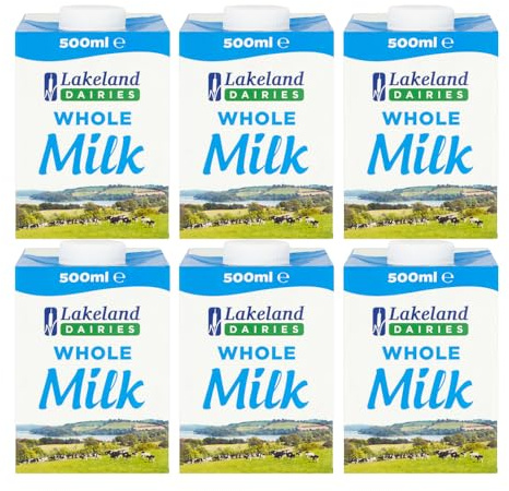 Lakeland UHT Whole Milk 500ml Pack of 6 Full Fat 3.5% Long Shelf Life Calcium Dairy Drink Screw Top Multipack Catering Hospitality Office Pantry with Welari Thank You Card | (6pack) (3000ml)