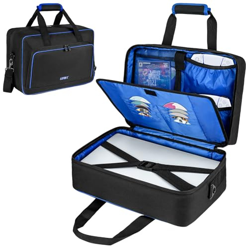 Carrying Case Compatible with PS5/PS5 Pro/PS4,17 Pockets Travel Storage Bag with Thick Padding Compatible with Playstation 5/PS5 Digital Edition,Controller,Game Discs,Charger & Accessories,Black,Blue