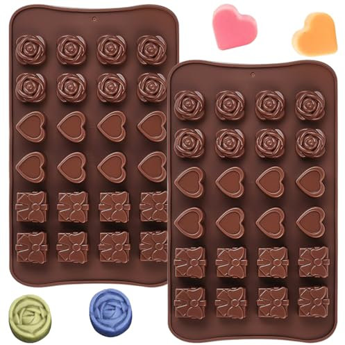 YXHZVON Lot de 2 Moules à Chocolat en Silicone Antiadhésif avec 24 cavités en 3D Forme de Cœur Fleurs, Moule en Silicone pour Saint Valentin Chocolat, Pâtisserie, Bonbons(Marron)