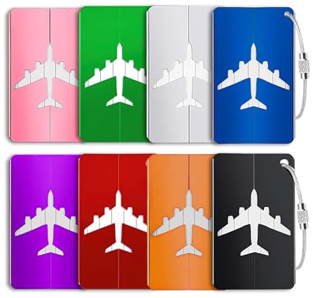 Beylce 8 stycken bagagelapp flygresa, aluminium bagagetaggar för resväska med rostfri ståltrådögla och vattentät PVC namnsläpvagn – 7,5 x 4,5 cm