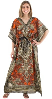 Étnica Moda Caftán Largo Bohemio de Poliéster, Patrón de Cachemira, Vestido de Verano con Mangas Kimono, Vestido de Verano Kaftan, Estilo Oriental, naranja, Talla única