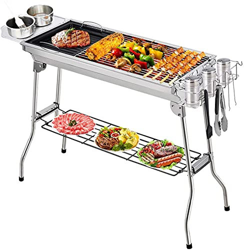 BBQ Grill, Faltbar und Tragbar Outdoor Holzkohle, Edelstahl Grill mit Ständer, Smoker für Gartenparty