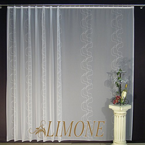EASYHomefashion Hochwertige Gardine Fertiggardine Voile Store Schal mit Stickerei Faltenband und Bleiband weiß Limone 95 x 900 cm (HöhexBreite)