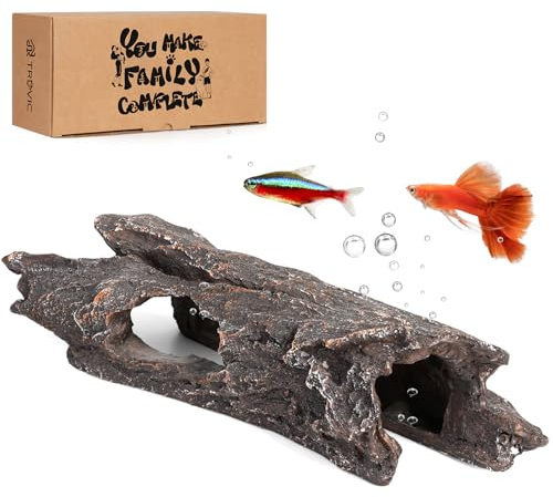 TRUVIC Fish Tank Decorations - Aquarium Cave Decor, Resin Hollow Tree Trunk Reptile Hide & Betta Log Hideout for 20 Gallon Tank, Fish Accessories Shelter Cave