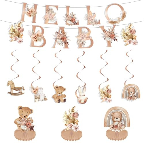 XCSJ Boho Baby Shower Dekoration Set, 11 Stück, Party Dekoration Girlande und Hängende Wirbel, Babyparty Deko Bienenwabe Mittelstück für Babyshowerparty und Babyparty, Mädchen,Jungen (Beige)