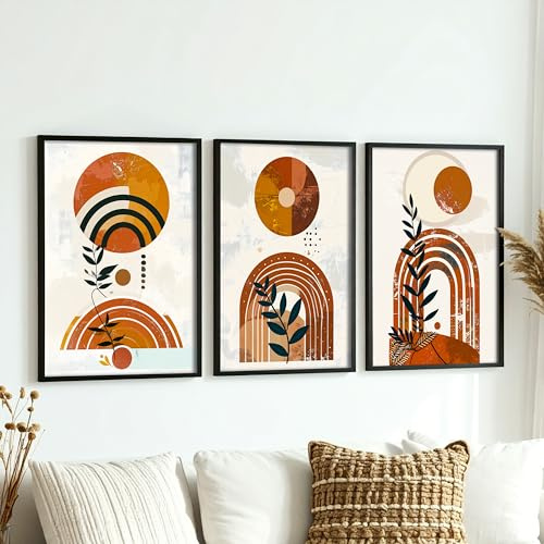 DUOMIO Moderne Wandbilder im 3er-Set (optional) mit Rahmen – Stilvolle Wanddekoration – Boho Wall Art - Abstrakte Blumen Bilder Beige-Töne - Wandkunstdruck für Büro & Wohnzimmer